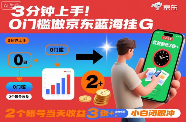 0门槛做京东蓝海全自动掘金，2个账号当天收益3张+，小白闭眼冲【揭秘】