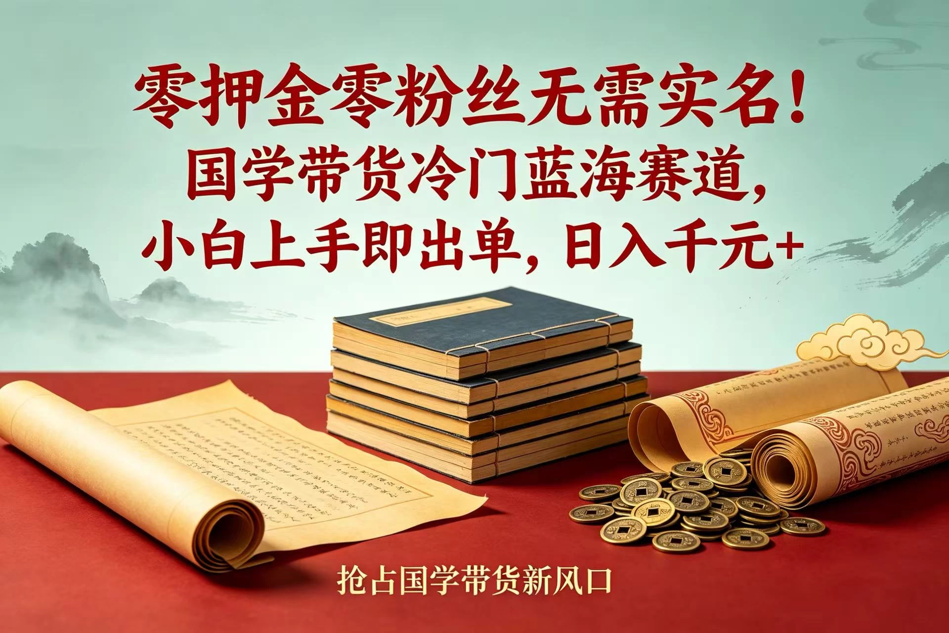 零押金零粉丝无需实名！国学带货冷门蓝海赛道，小白上手即出单，日入千元 +
